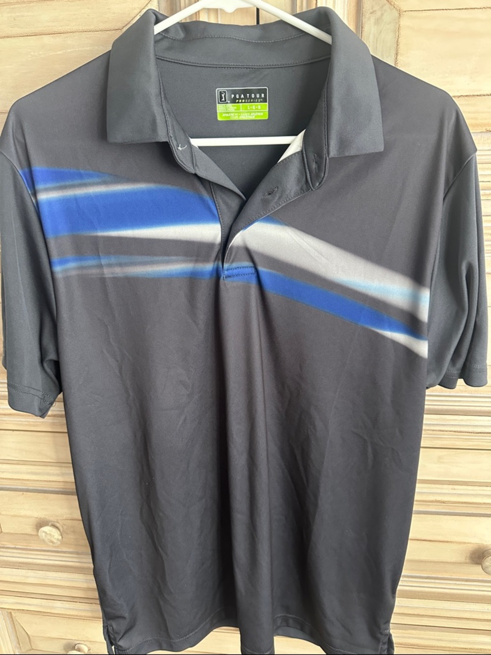 PGA Tour Men's Charcoal Polo with Blue and White Stripes